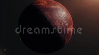 火星星球，太空日出。 现实的红色星球和阳光。